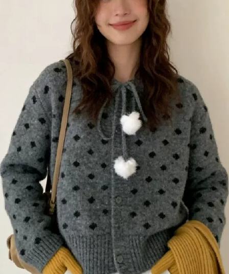 한 부서 스웨터 오픈 가디건 단추 도트 무늬 전원 부서 고급 센스 털 공 긴팔 두꺼운 뜨거운 판매 외출용 스웨터