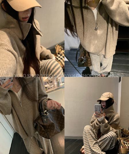 느긋한 느슨함 센스 빛 사람들 반하이넥 지퍼 니트 오픈 가디건 여성 가을 품격 스웨터 코트