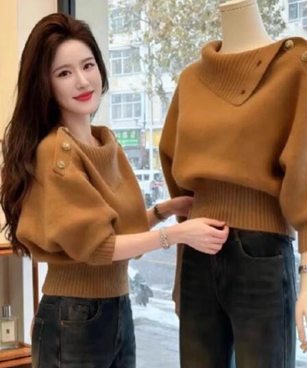 고급 센스 빛 요리 한 로얄 자매 착용 가져 가라. 부드러운 찹쌀 스웨터 여자 가을 겨울 새로운 고유 한 아름다운 허리 수축 쇼트 스타일 니트 맨위