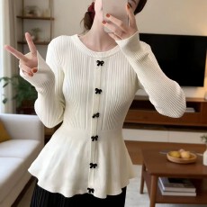 批发蝴蝶结长袖针织打底衫女春秋新款<b class='q'>大码</b>胖mm显瘦收腰裙摆遮肚子上衣