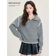 批发半拉链灰色高领毛衣女装秋冬设计感<b class='q'>宽松</b>打底针织衫内搭上衣
