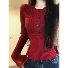 批发韩系辣妹<b class='q'>修身</b>麻花新年红色毛衣女秋冬季高级感内搭打底针织衫上衣