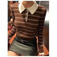 批发系撞色条纹polo领长袖t恤女显瘦内搭打底衫<b class='q'>翻领</b>上衣秋