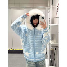 批发美式多巴胺<b class='q'>条纹</b>星星大毛领连帽毛衣加绒厚外套女<b class='q'>开衫</b>冬