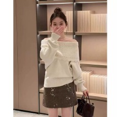 批发高级感一字肩长袖针织衫毛衣女2026早秋季大码微<b class='q'>胖</b>mm<b class='q'>减龄</b>上衣