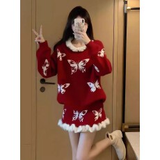 批发<b class='q'>大码</b>胖mm高级感巨好看红色套装短裙2026超火冬装一整套穿搭两件套