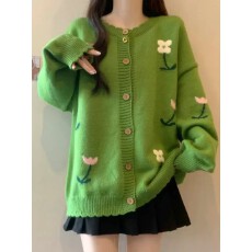 批发绿色针织开衫花朵<b class='q'>毛衣外套</b>女2026秋季新款大码胖mm中<b class='q'>长款</b>减龄上衣