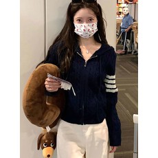 韩版慵懒风连帽麻花针织开衫女2026年学院风毛衣拉链长袖条纹外套