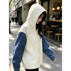 批发高级感针织拼接牛仔连帽毛<b class='q'>衣外套</b>女秋季新款减龄小众百搭开衫上衣