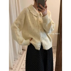 批发设计感镂空娃娃领<b class='q'>蕾丝</b>拼接针织开衫高级感温柔气质宽松毛衣外套女