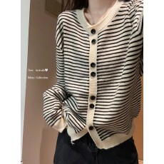 批发精致质感复古慵懒早秋条纹撞色<b class='q'>毛衣</b>女外套高级感长袖针织开衫上衣