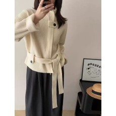 批发韩系设计感立领收腰系带针织衫女秋冬新款高级感时尚宽松气质上衣