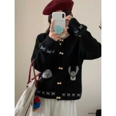 批发卡通小狗提花针织开衫女款秋冬2026新款宽松休闲<b class='q'>通勤</b>毛衣