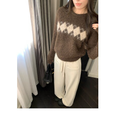 批发菱格圆领套头毛衣女秋冬新款休闲风设计感修身显瘦针织上衣