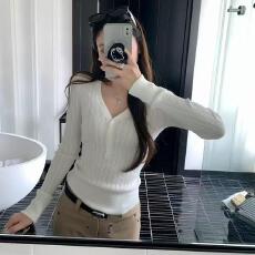 批发坑条修身V领长袖打底衫女秋冬穿搭显瘦内搭针织上衣
