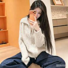 批发26秋冬款软糯长毛花纱翻领毛衣外套<b class='q'>女</b>慵懒宽松加厚双拉链针织<b class='q'>开衫</b>