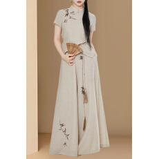 批发奶茶色慵懒度假风<b class='q'>套装</b>夏新款立领短袖上衣阔腿裤两件套