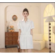 批发2026年夏季工装风纯色翻领短袖款收腰显瘦小个子连衣裙女