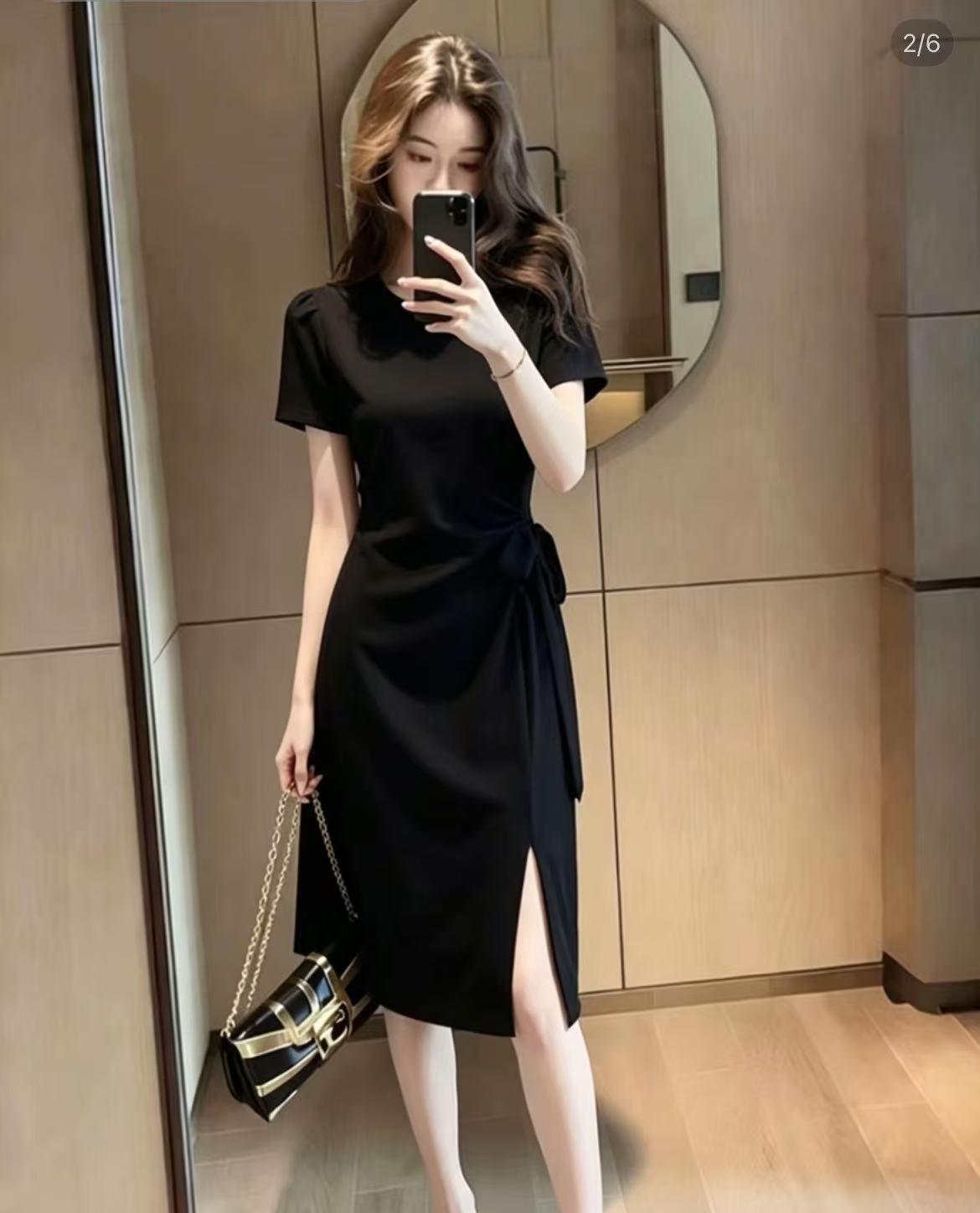 캐주얼 프랑스식 보라색 반팔 티셔츠 여성 드레스 여름 디자인 센스 작은 대중 트임 허리 수축 한 마디 중간 길이 치마