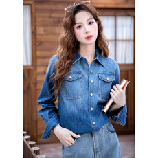 批发实拍蓝色牛仔<b class='q'>衬衫</b>女春秋叠穿设计感小众复古港味宽松长袖上衣