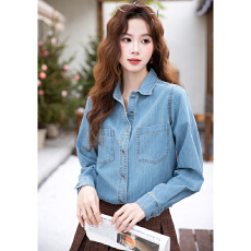 批发实拍蓝色牛仔<b class='q'>衬衫</b>女春秋叠穿设计感小众复古港味宽松长袖上衣