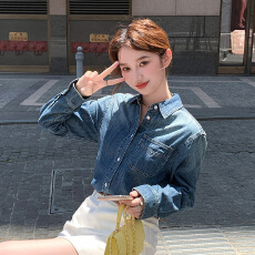 批发实拍蓝色牛仔衬衫女春秋叠穿设计感小众复古港味宽松<b class='q'>长袖</b>上衣