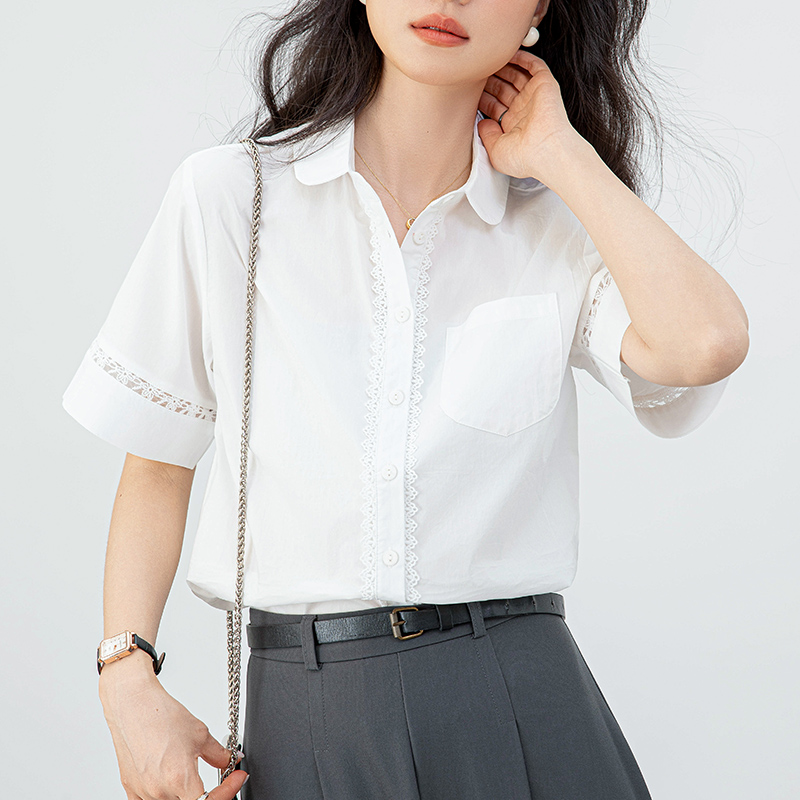 실사 화이트 반팔 여성 셔츠 2026 여름 레이스 패치워크 루즈핏 캐주얼 셔츠 학원 스타일 맨위