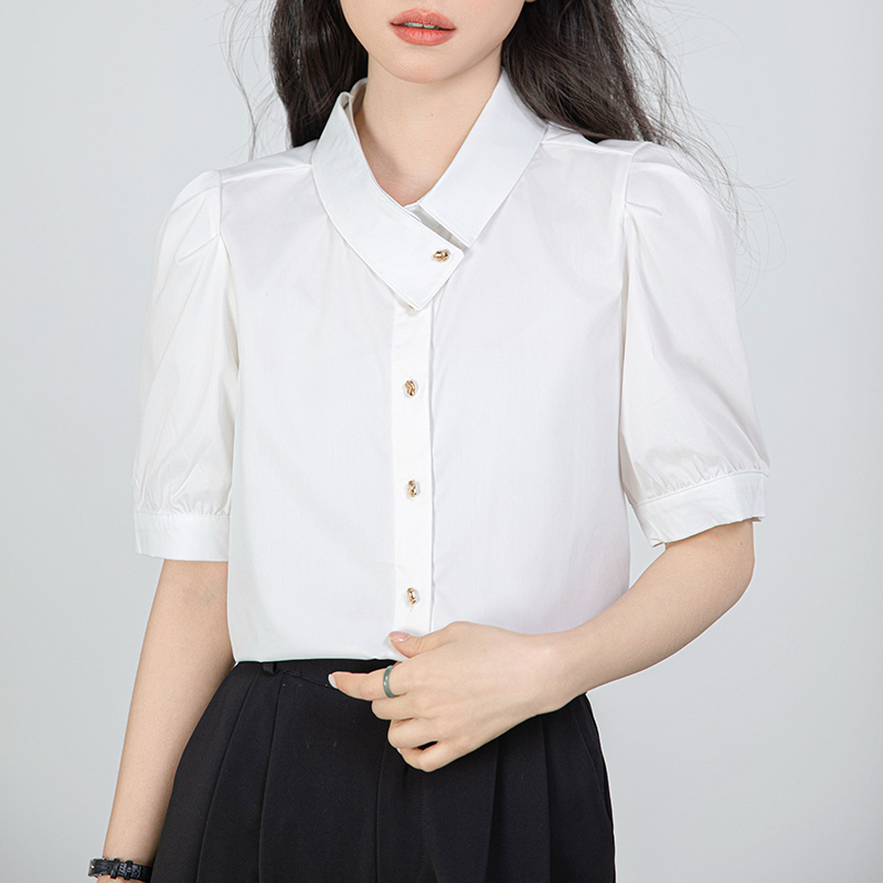 실사 화이트 고급 센스 반팔 여성 셔츠 여름 작은 키 불규칙 맨위 경력 출퇴근 셔츠