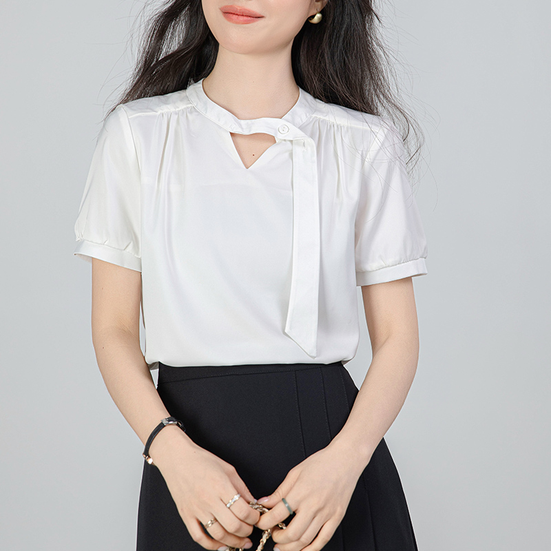 실사 리본 화이트 반팔 여성 셔츠 여름 2026 고유 한 슈퍼 잘 생긴 작은 셔츠 경력 출퇴근 다용도 맨위