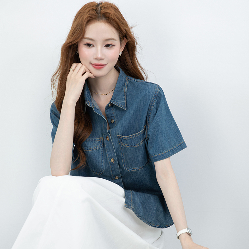 실사 파란색 데님 여성 셔츠 봄 가을 스택 착용 디자인 센스 작은 대중 레트로 홍콩 느낌 루즈핏 맨위