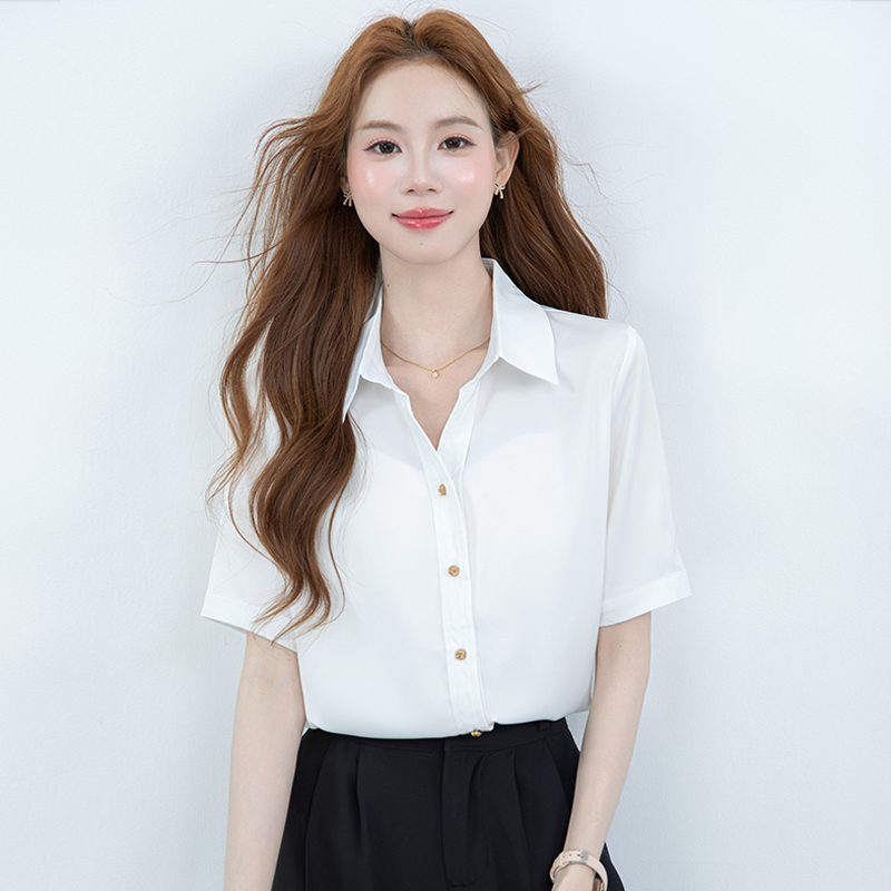 실사 화이트 V넥 반팔 여성 셔츠 여름 2026 새로운 비즈니스웨어 면접 출퇴근 비즈니스 맨위