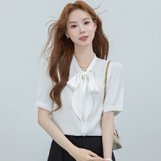 批发蓝色短袖衬衫<b class='q'>女士</b>夏季教师穿搭雪纺正装上衣面试职业衬衣