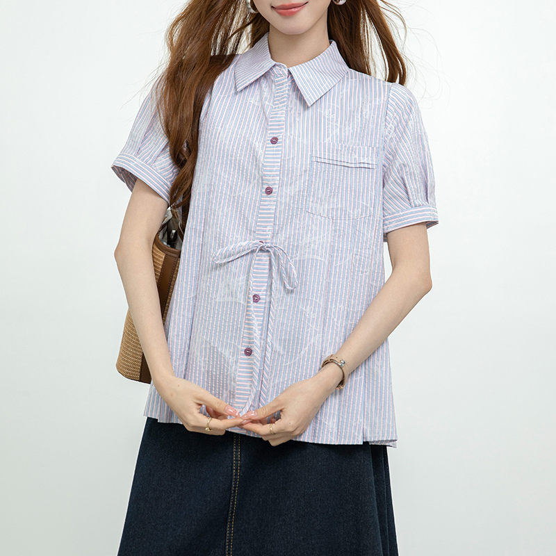 실사 블루 보라색 스트라이프 반팔 여름 루즈핏 섹션 다용도 학원 스타일 폴로 칼라 수 있습니다. 철거 레이스 업 셔츠