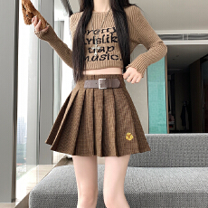 批发2025秋冬格纹刺绣设计感百褶<b class='q'>裙裤</b><b class='q'>女</b>小个子复古高腰显瘦遮半身裙子