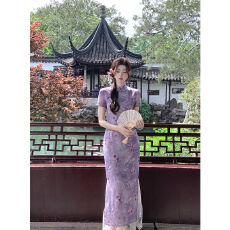 批发新中式国风EIA一尧【紫黛】改良版<b class='q'>旗袍</b><b class='q'>连衣裙</b>夏气质收腰显瘦长裙