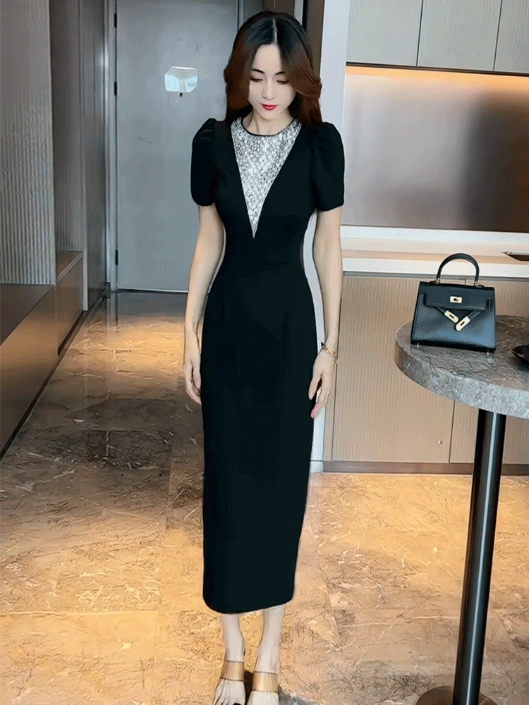 FA36932# 法式赫本风重工镶钻连衣裙女早夏新款轻奢高端收腰显瘦裙子潮 服裝批發女裝批發服飾貨源