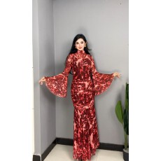 批发新款豹纹时尚气质设计款<b class='q'>连衣裙</b><b class='q'>印花</b>喇叭袖网纱收腰优雅鱼尾长裙