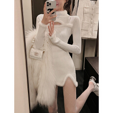 批发纯欲性感半高领针织长袖<b class='q'>连衣裙</b>女秋季新款毛衣裙紧身收腰包臀短裙