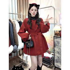 批发bule蓝色星球冬季厚款呢子<b class='q'>连衣裙</b>韩版复古系带灯笼袖修身毛呢外套