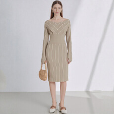 批发<b class='q'>欧美</b>风2025秋冬季新款长袖修身包臀针织连衣裙条纹裙子跨境长裙