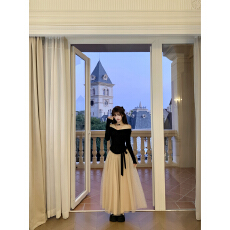 批发咪汐咪汐【云间芭蕾】秋冬纯欲千金风假两件长袖波点<b class='q'>网纱</b>长半<b class='q'>裙</b>