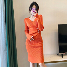 批发格格家 气质法式名媛御姐风性感深V高腰显瘦侧边钻扣针织<b class='q'>连衣裙</b>