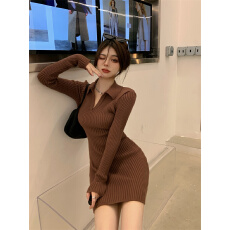 批发性感辣妹包臀裙女冬季2025新款紧身毛衣裙白色polo领针织<b class='q'>连衣裙</b>子