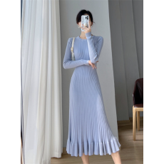 批发针织<b class='q'>连衣裙</b>女秋冬修身长款过膝包臀荷叶边鱼尾裙内搭打底毛衣裙子
