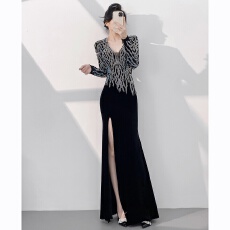 黑色晚礼服女2025新款高级感年会重要场合漂亮开叉长袖鱼尾裙冬季