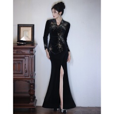 批发黑色晚<b class='q'>礼服</b>女2025新款高级感宴会气质年会主持人鱼尾裙长袖丝绒冬