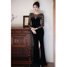 批发黑色晚<b class='q'>礼服</b>女2025新款高级感年会主持人鱼尾裙重要场合绝美连衣裙