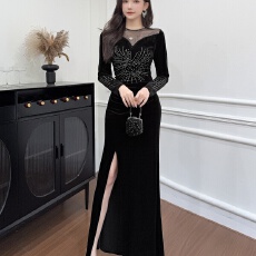 批发高级感轻奢名媛重工烫钻金丝绒<b class='q'>连衣裙</b>女显瘦包臀裙婚礼走秀鱼尾裙