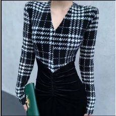 批发秋冬新款高级气质名媛千金设计感老钱拼色设计感V领显瘦<b class='q'>连衣裙</b>