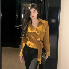 批发复古翻领系带收腰短款毛呢外套女<b class='q'>秋</b>冬季工装风设计感高级感短大衣